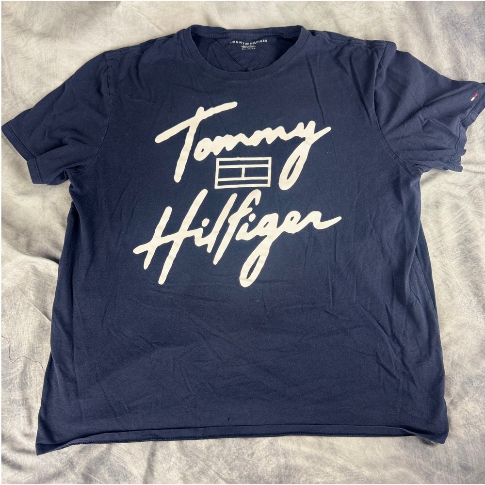 Tommy Hilfiger Mens XL Navy Blue Graphic T Shirt Signature Script Logo Cotton